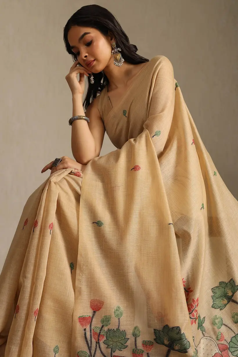 Beige Chanderi Floral Print Saree With Zari Woven